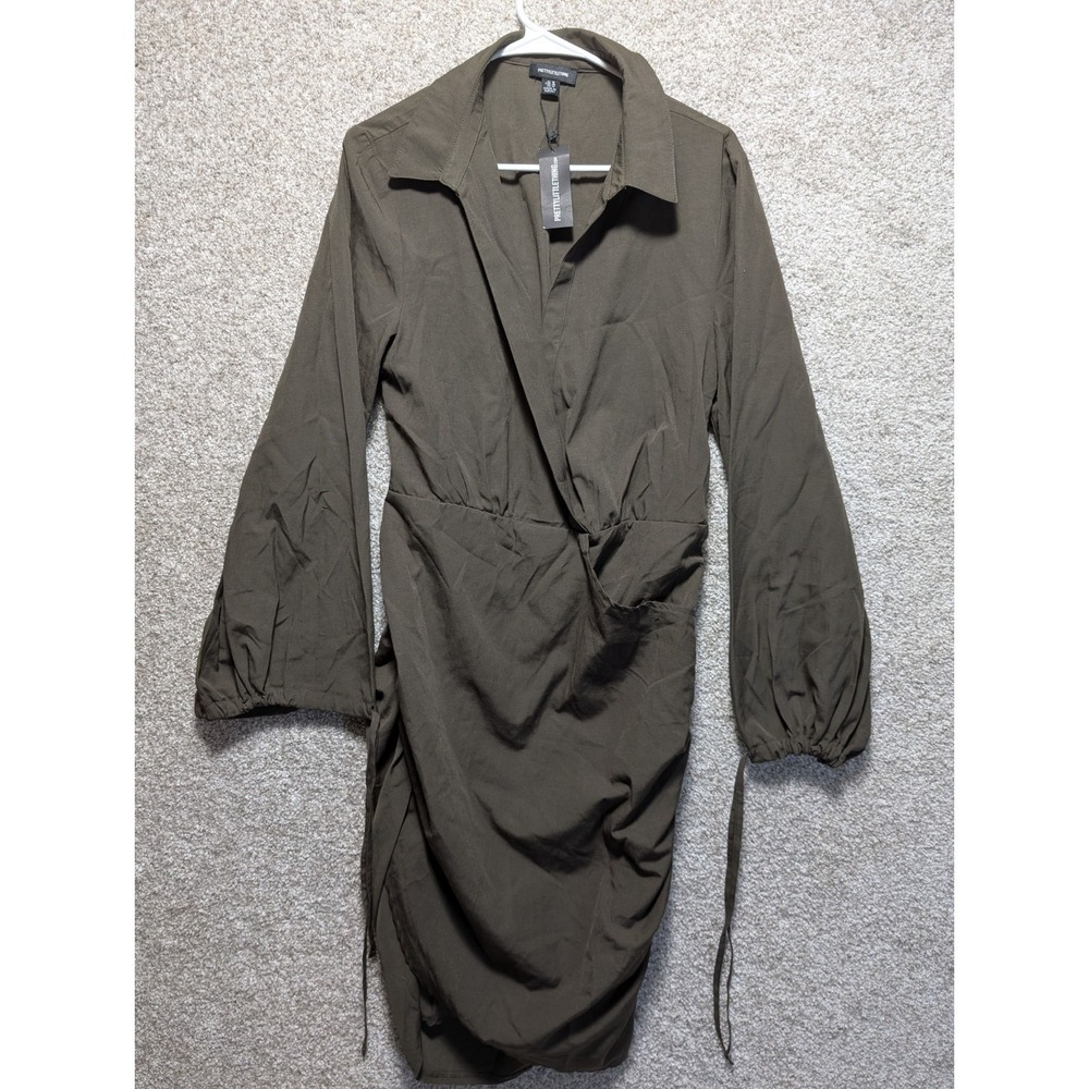 Pretty Little Thing Women's Plunge Ruched Tie Cuff Bodycon Dress Green Size 18